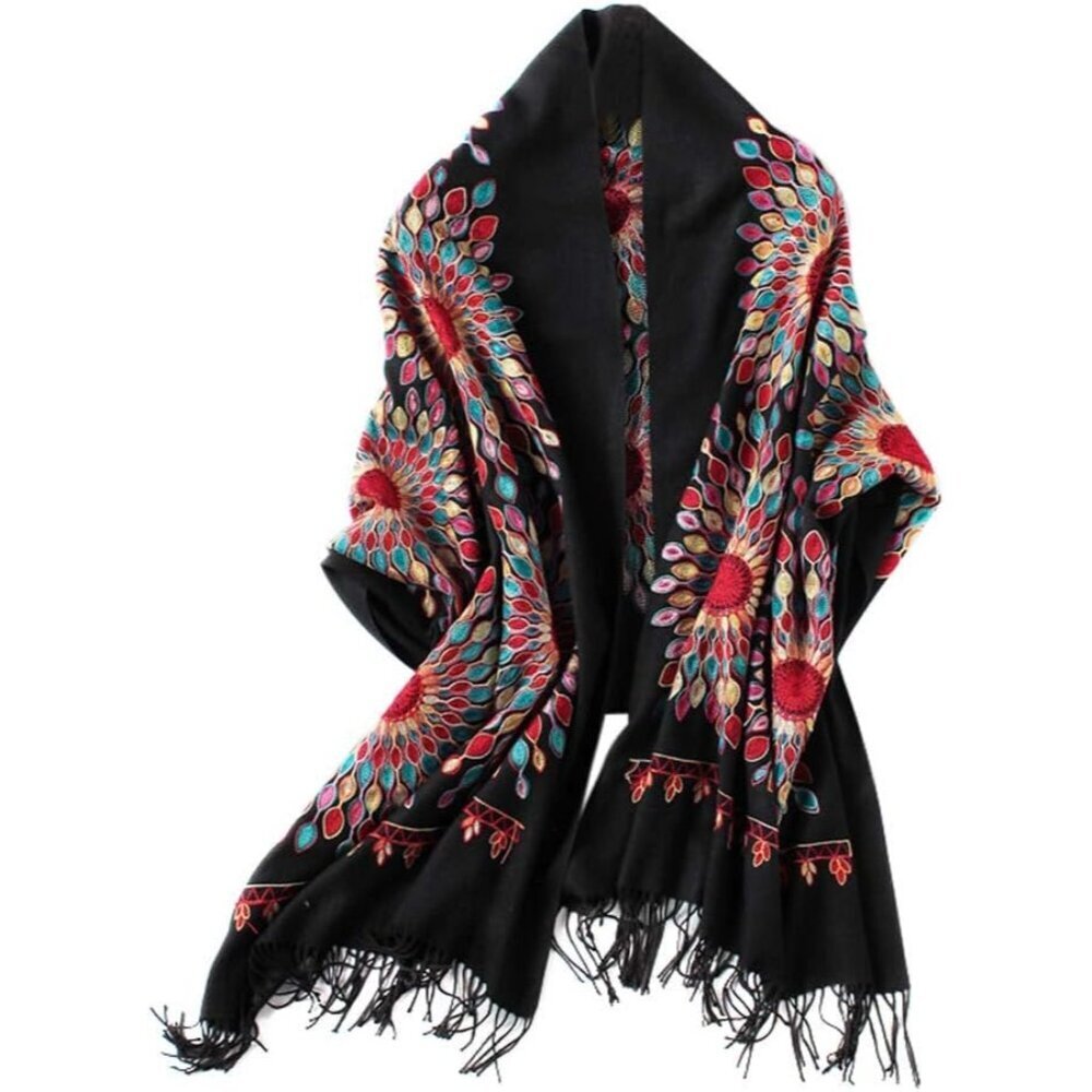 Women's Embroidered Polyester Cotton Oversize Tassel Scarf Wrap for Evening